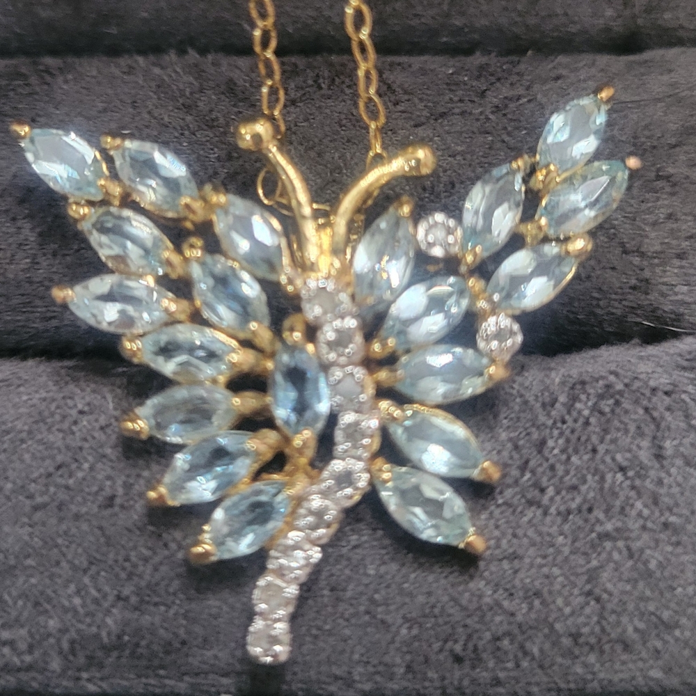 Gold and Aquamarine Butterfly Pendant